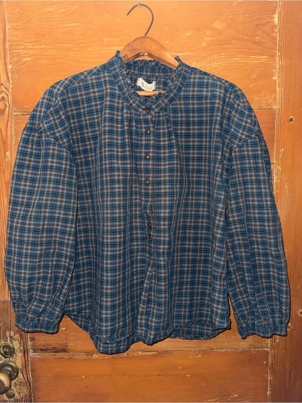 Madewell Navy and Brown Plaid Ruffle-Neck Button-Down